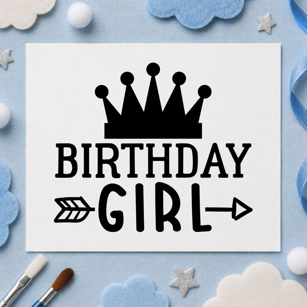 Birthday Girl Crown Arrow rubber stamp printed in black ink, ready for crown arrow cards and similar paper crafts.