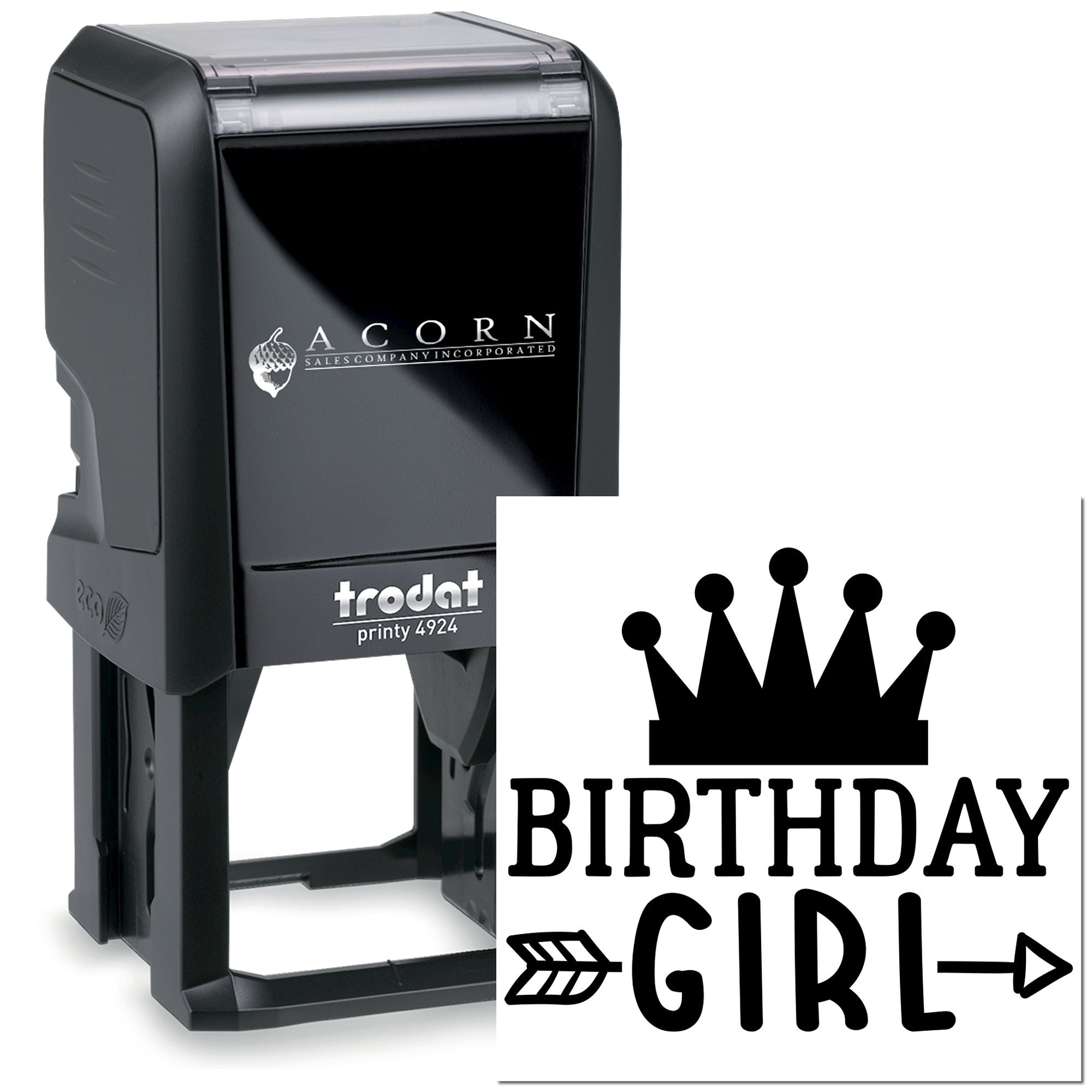 Trodat self-inking rubber stamp with custom Birthday Girl crown design for personalized birthday cards and craft projects.