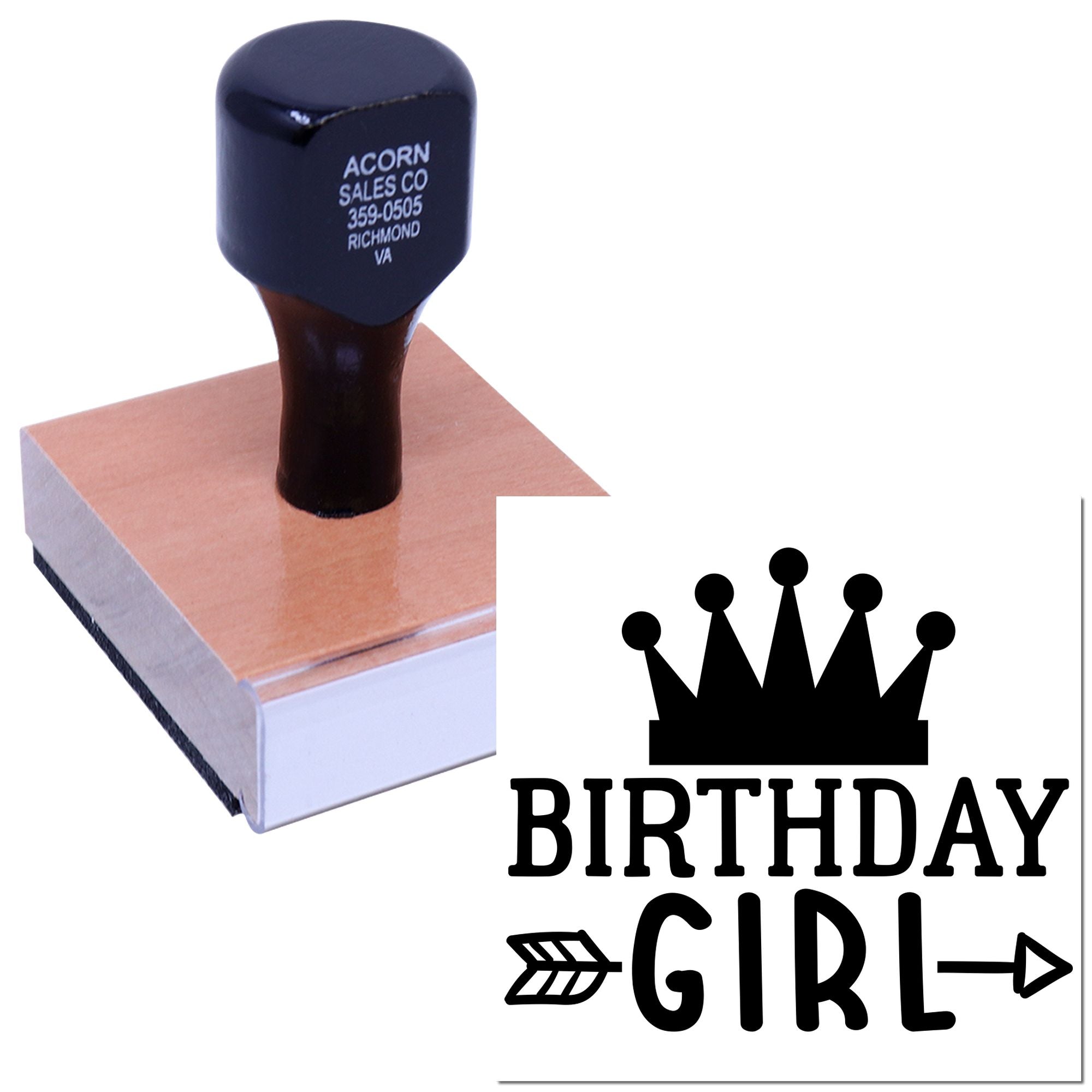 Custom Birthday Girl rubber stamp with crown design for party invitations, cards, and crafts.