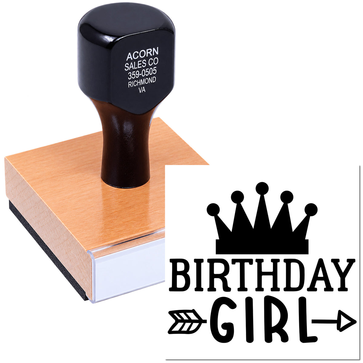 Custom Birthday Girl rubber stamp with crown design for party invitations, cards, and crafts.