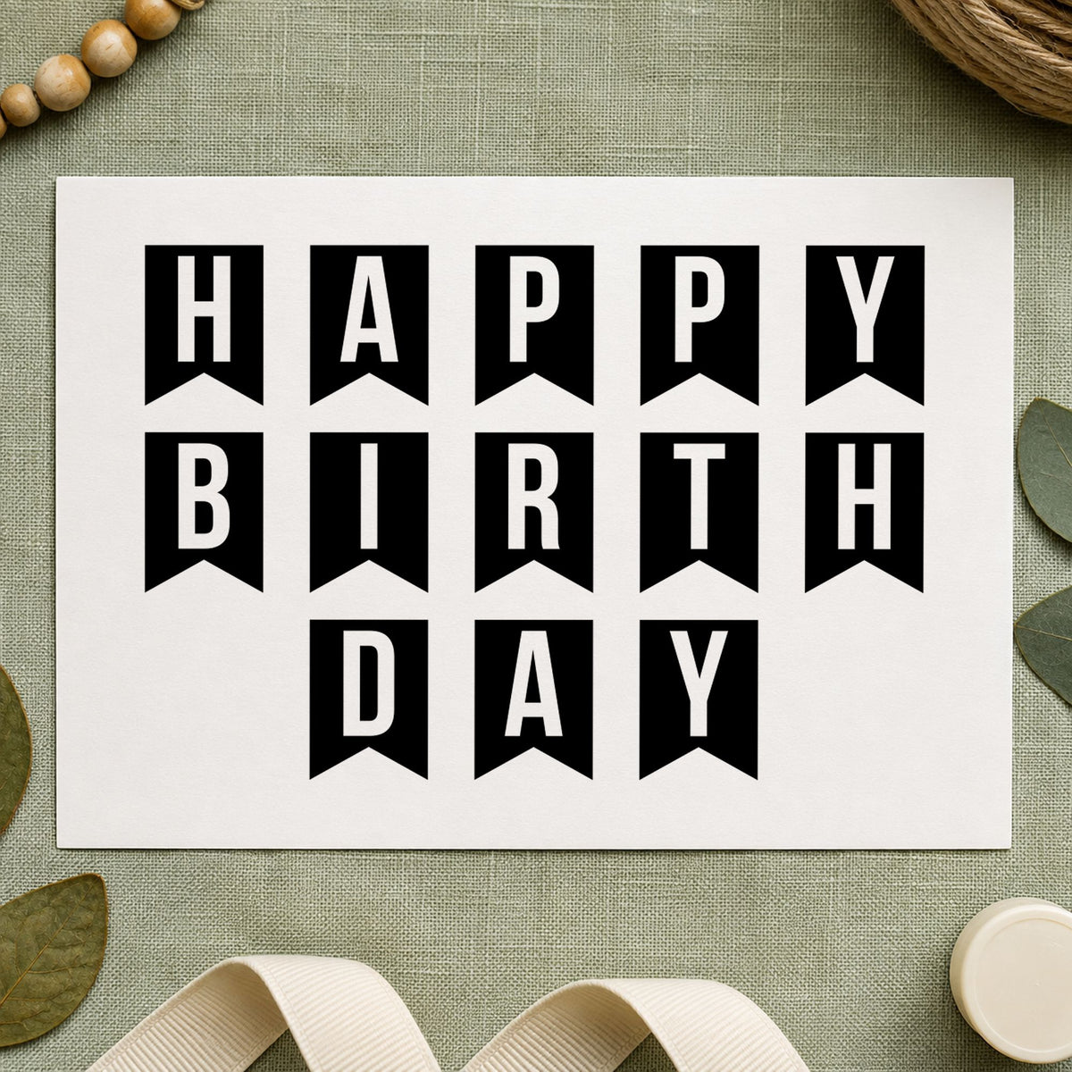 Happy Birthday Pennant Letters craft stamp in black ink on cardstock, an easy option for hire year album page.