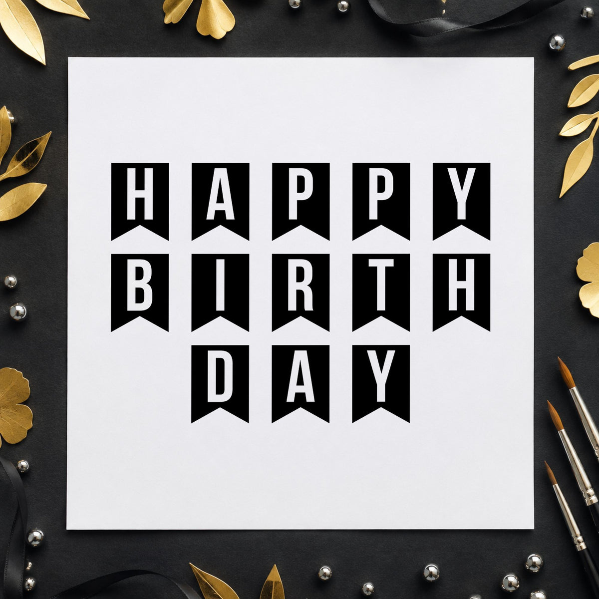 Happy Birthday Pennant Letters rubber stamp printed in black ink, ready for hire booking sheet and similar paper crafts.