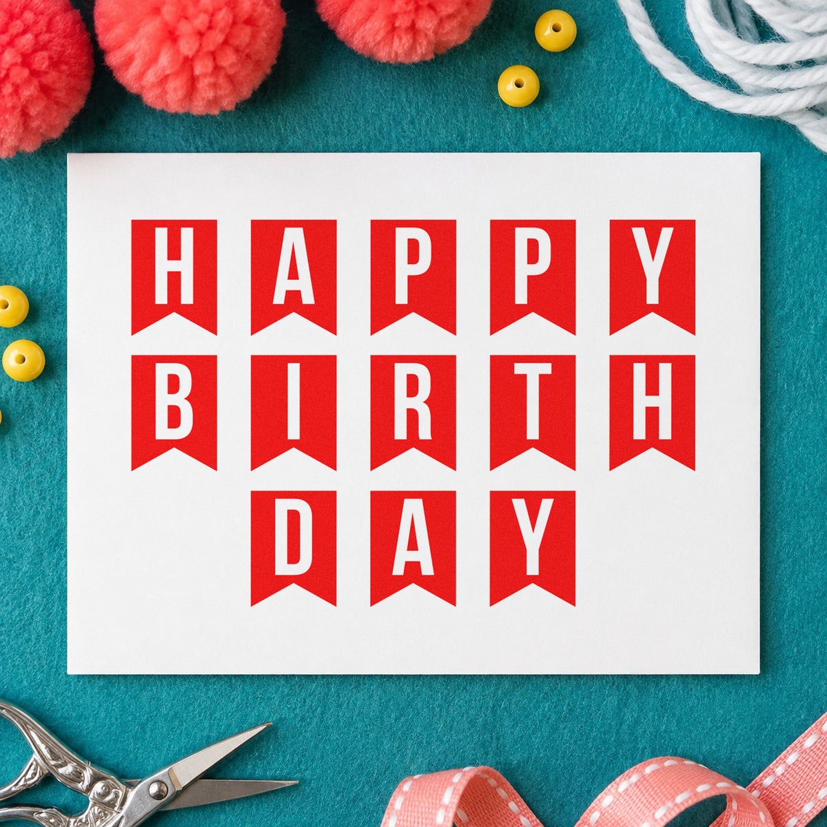 Happy Birthday Pennant Letters rubber stamp shown in red ink, stamped for projects such as crate item labels.