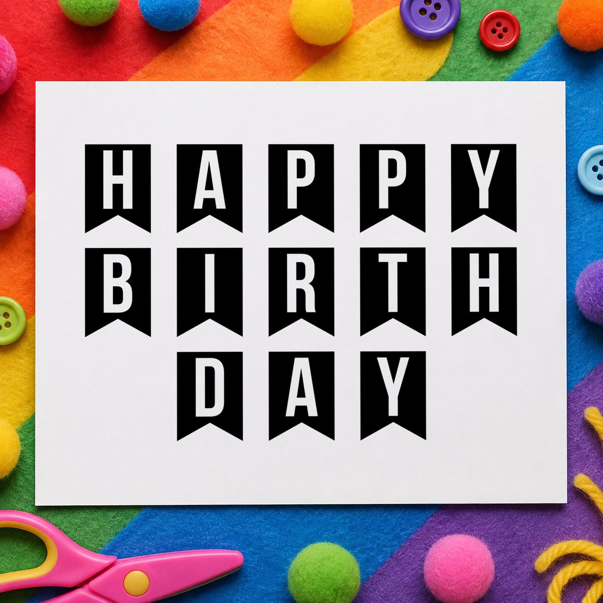 Happy Birthday Pennant Letters rubber stamp printed in black ink, ready for dark pennant cards and similar paper crafts.