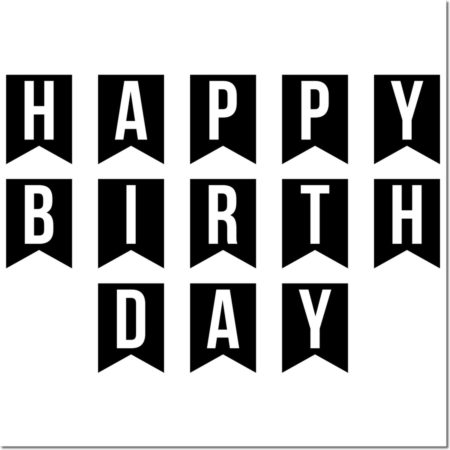 Happy Birthday pennant banner rubber stamp design with bold black letters on hanging flags