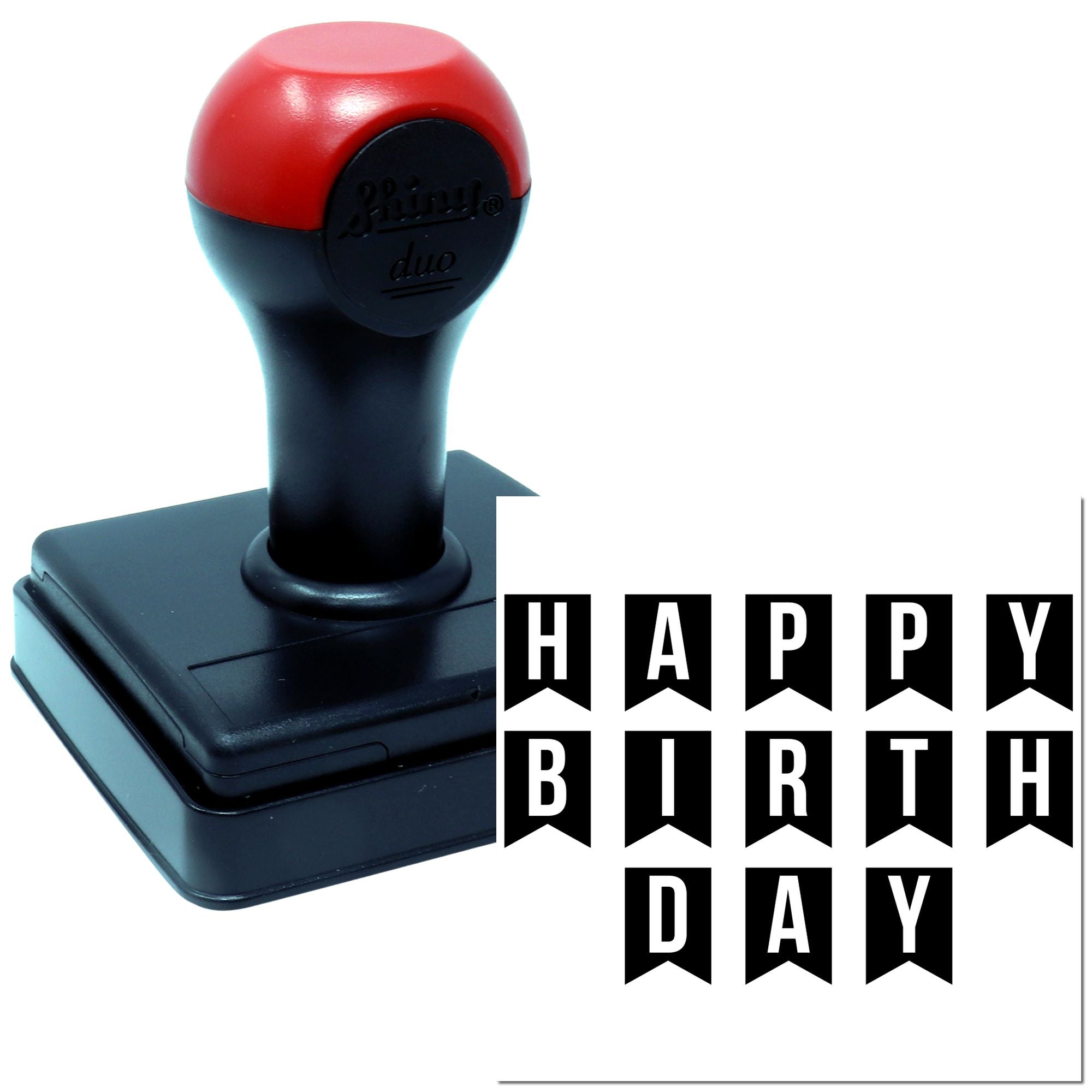 Self-inking Happy Birthday rubber stamp for greeting cards, scrapbook pages, and birthday party invitations.