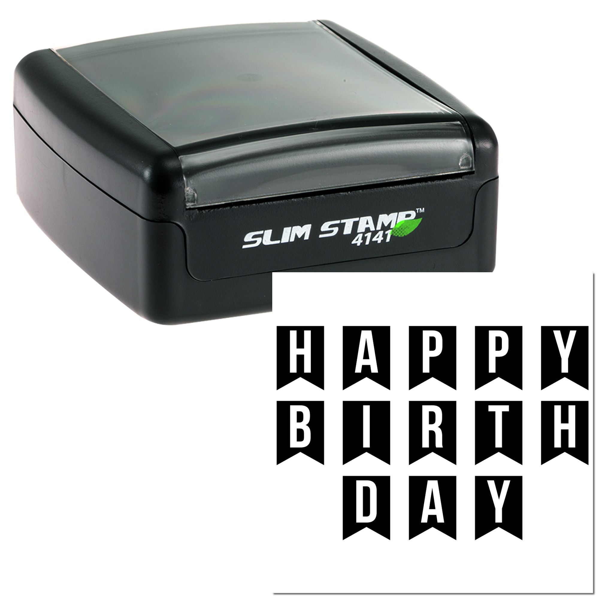 Custom self-inking rubber stamp with Happy Birthday design for greeting cards, party invitations, and craft projects.