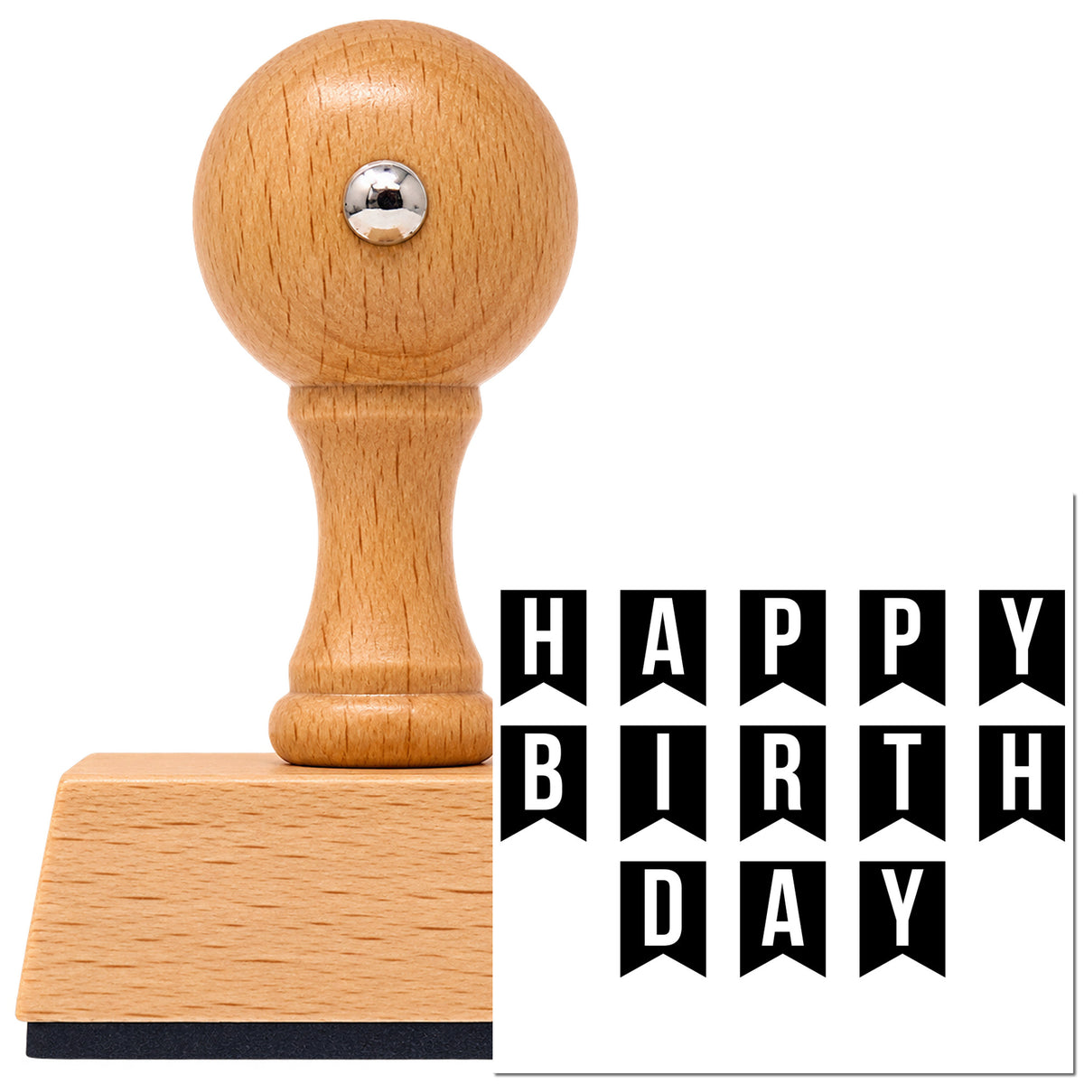 Happy Birthday Pennant Letters Vintage Pro rubber stamp in European beech wood with a round knob handle, shown beside its black imprint.