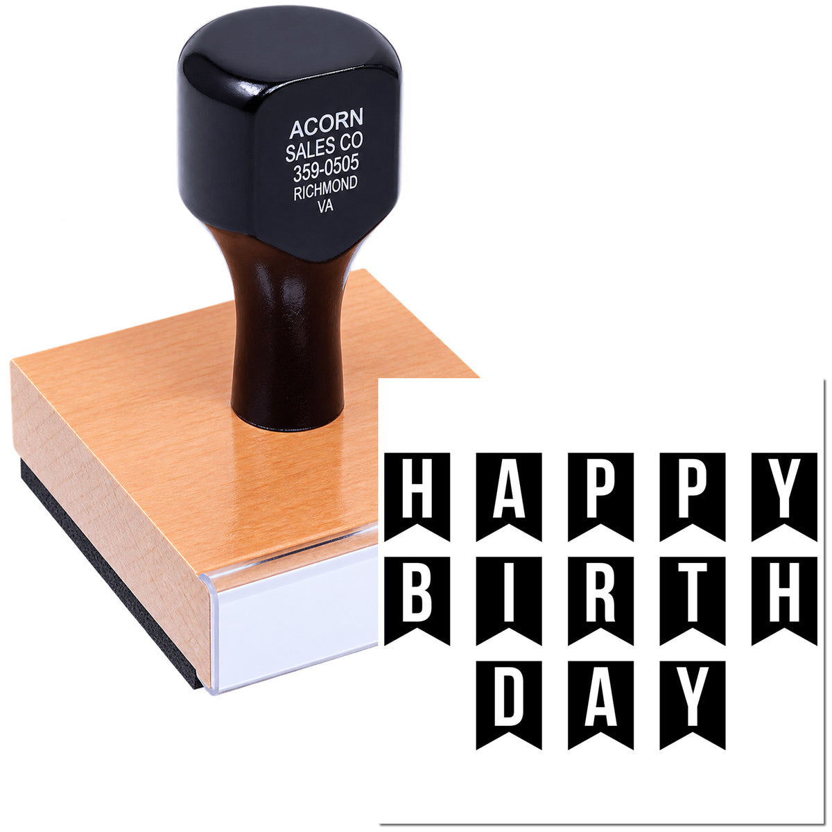 Custom Happy Birthday rubber stamp with bold banner design for cards, invitations, and craft projects.
