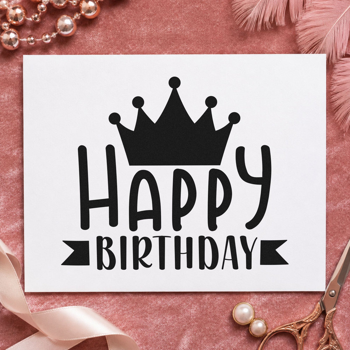 Happy Birthday Crown Banner craft stamp in black ink on cardstock, an easy option for eightieth album page.
