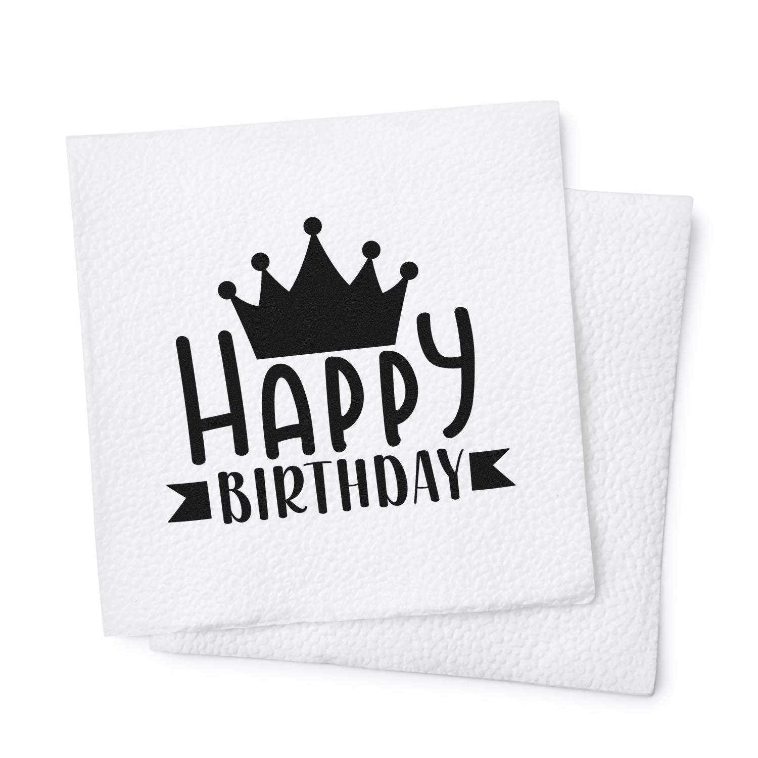 Happy Birthday rubber stamp design with crown, perfect for birthday cards, party favors, gift wrap, and custom craft projects.