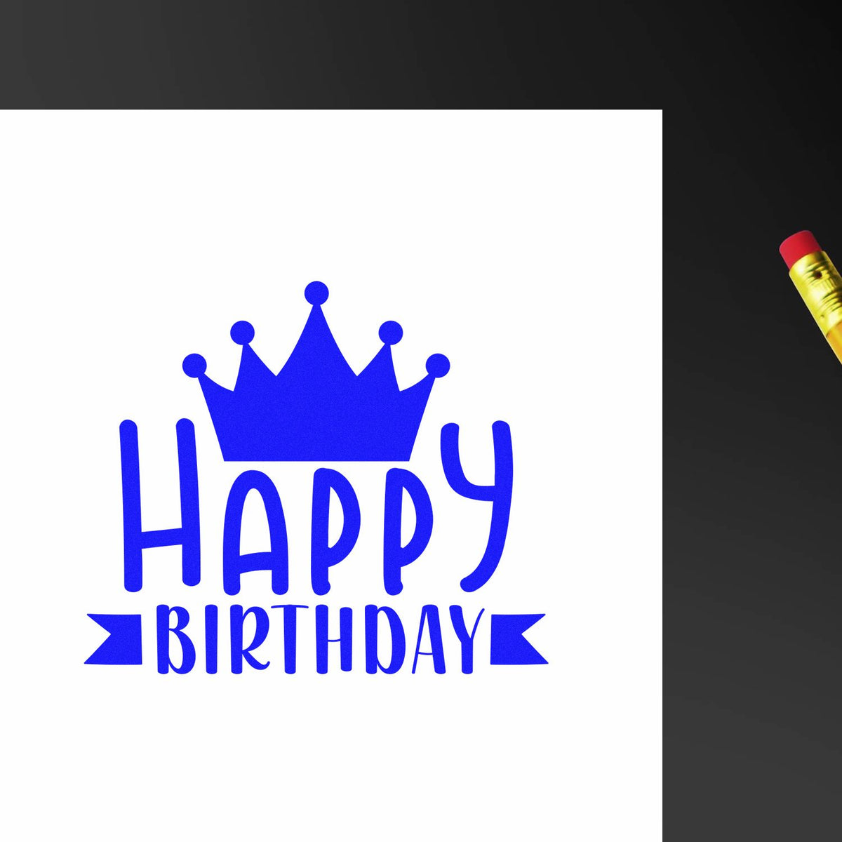Happy Birthday Crown Banner rubber stamp shown in blue ink, stamped for projects such as eightieth album page.