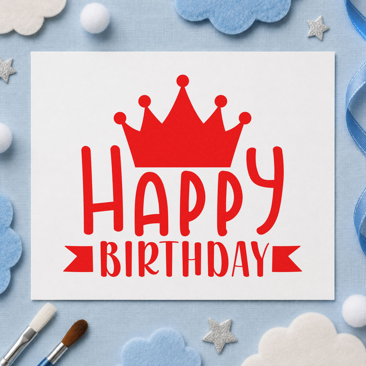 Happy Birthday Crown Banner rubber stamp shown in red ink, stamped for projects such as box decade labels.