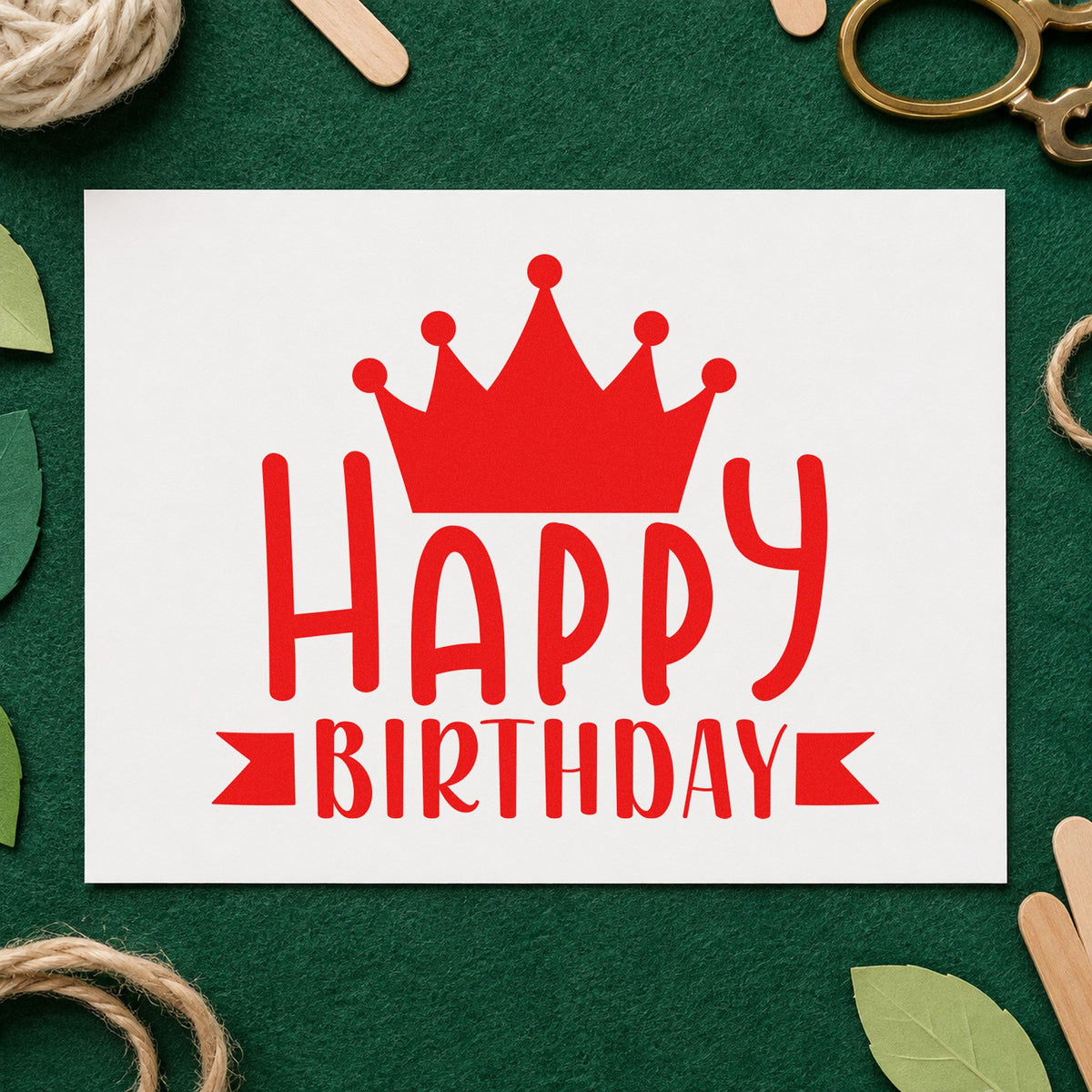 Happy Birthday Crown Banner craft stamp imprint in red ink on a handmade project, one idea being memory slip cards.