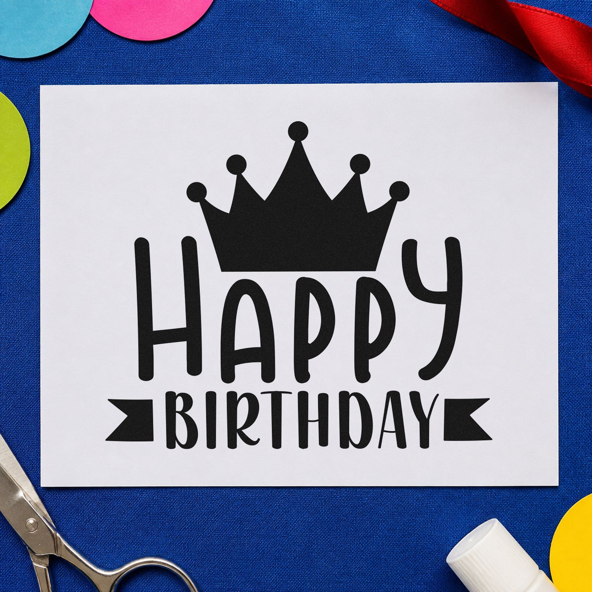 Happy Birthday Crown Banner rubber stamp printed in black ink, ready for ribbon end cards and similar paper crafts.