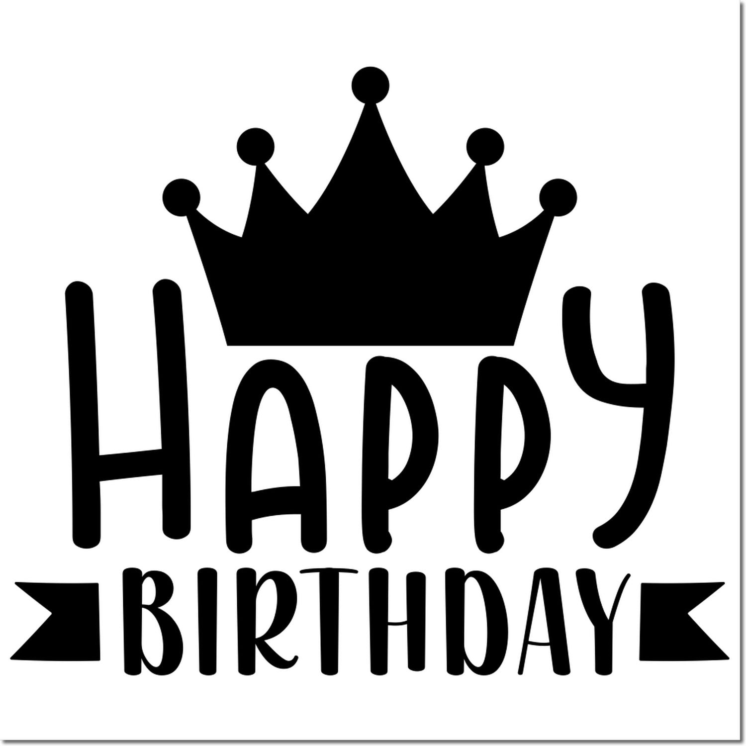 Happy Birthday rubber stamp design with crown, perfect for birthday cards, gift tags, and celebration crafts.