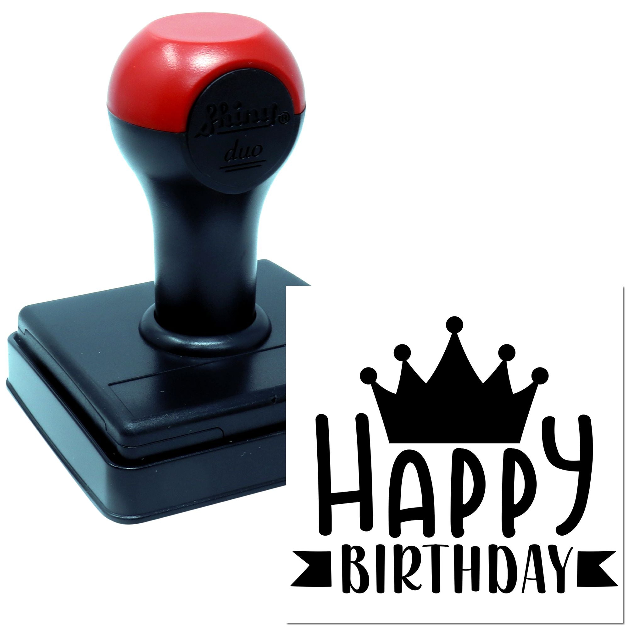 Happy Birthday rubber stamp with crown design, ideal for custom birthday cards and party invitations