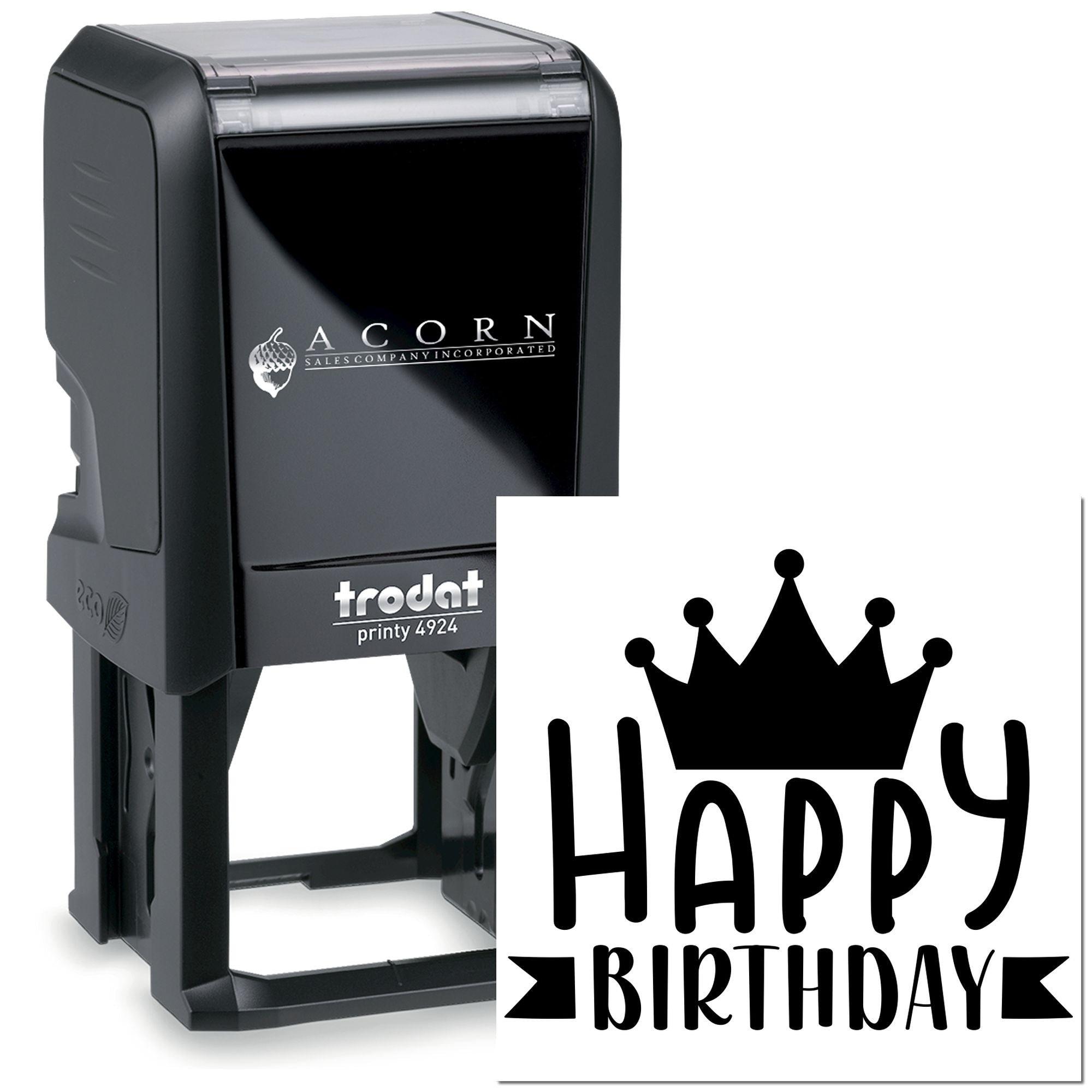 Trodat self-inking rubber stamp with Happy Birthday crown design for personalized birthday cards and party favors.