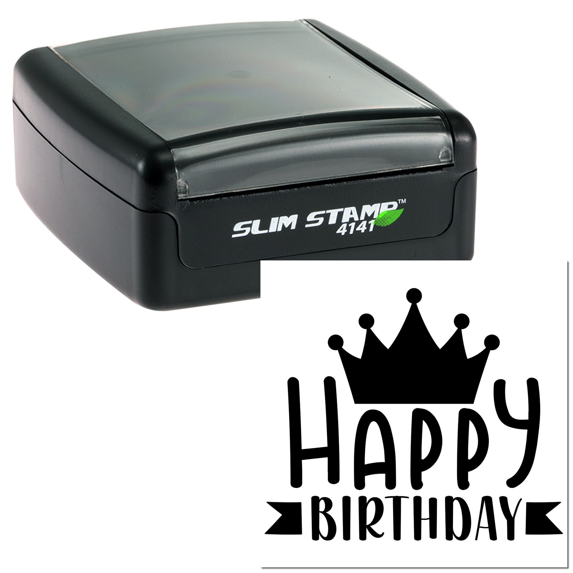Self-inking rubber stamp with Happy Birthday crown design, ideal for birthday cards, party invitations, and crafts.