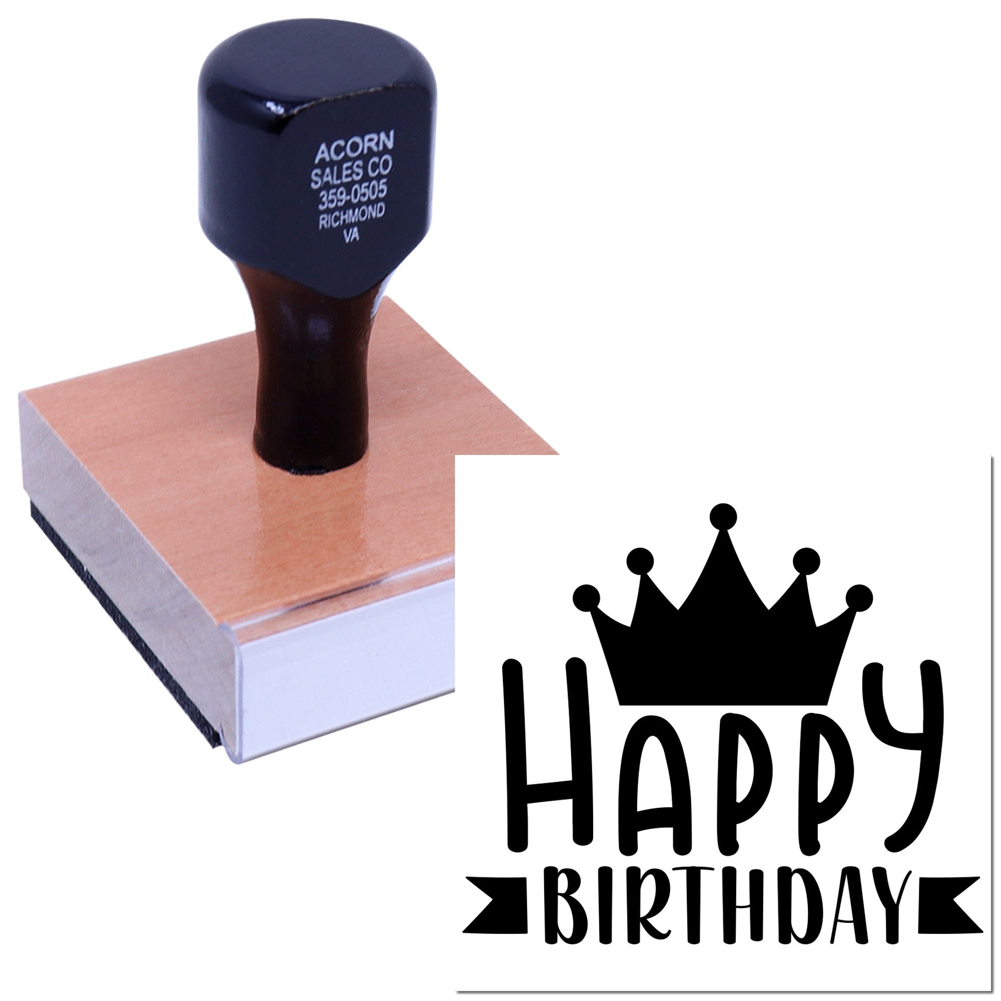 Custom Happy Birthday rubber stamp with crown design for greeting cards, invitations and gift packaging.