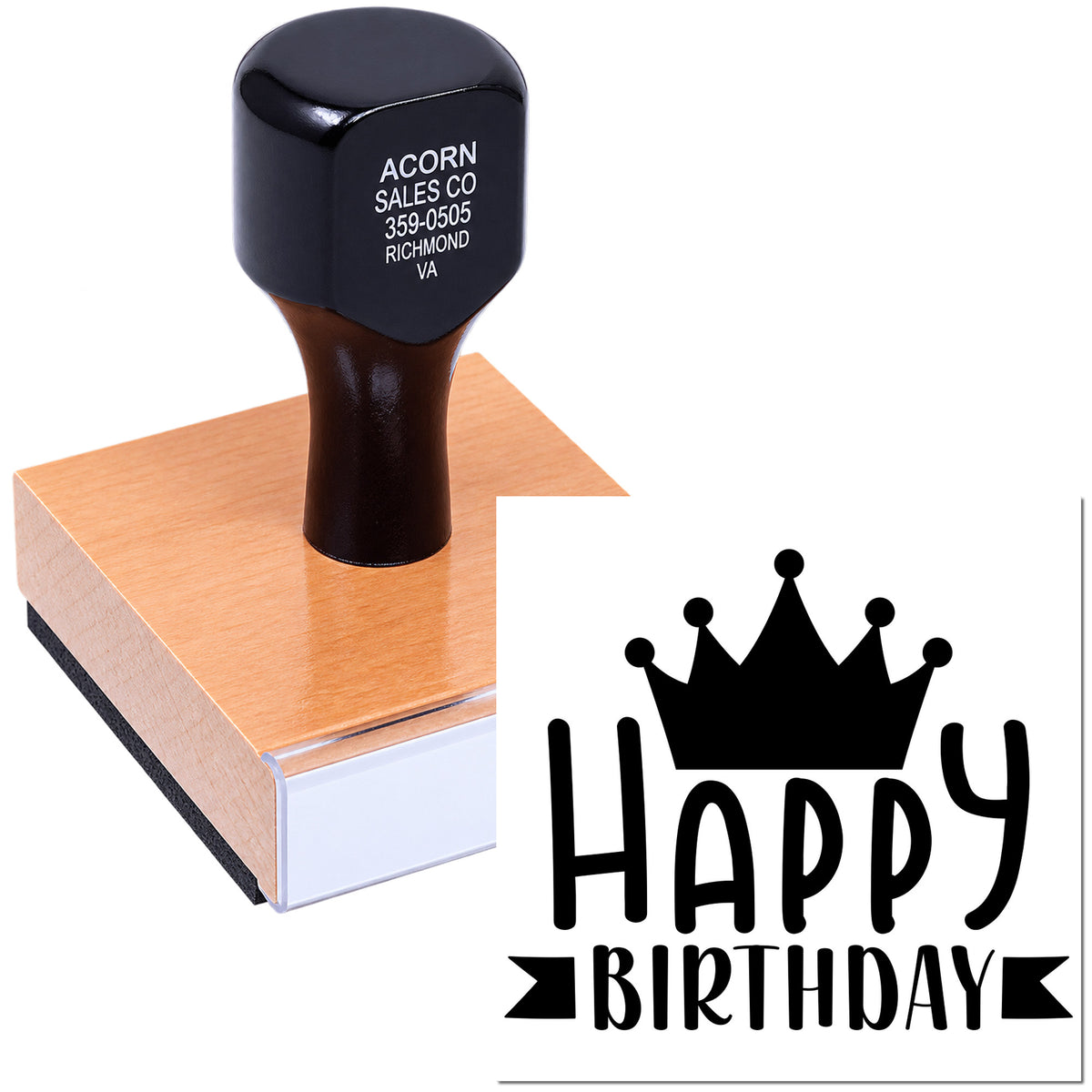 Custom Happy Birthday rubber stamp with crown design for greeting cards, invitations and gift packaging.