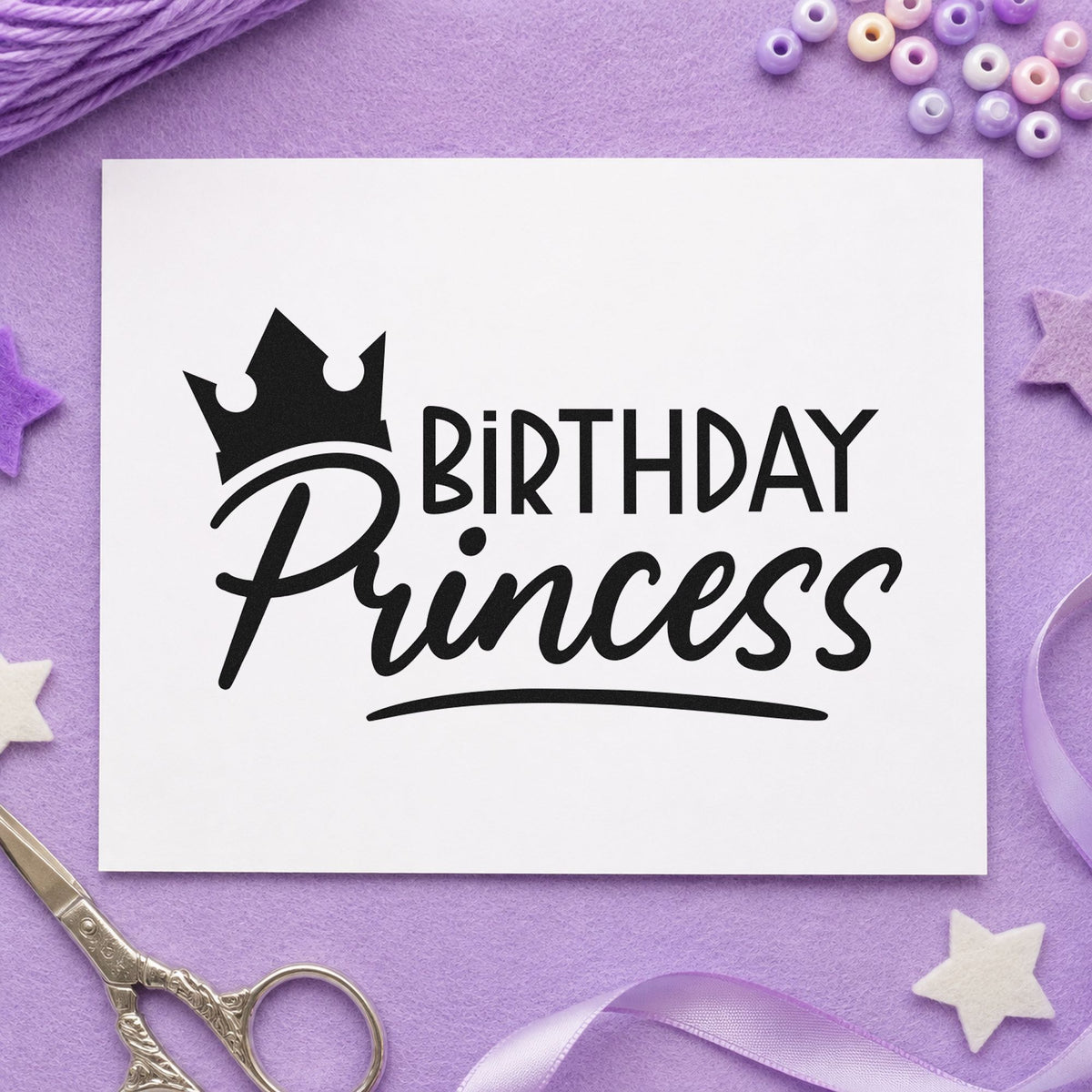 Birthday Princess Crown Script rubber stamp printed in black ink, ready for tilted crown cards and similar paper crafts.