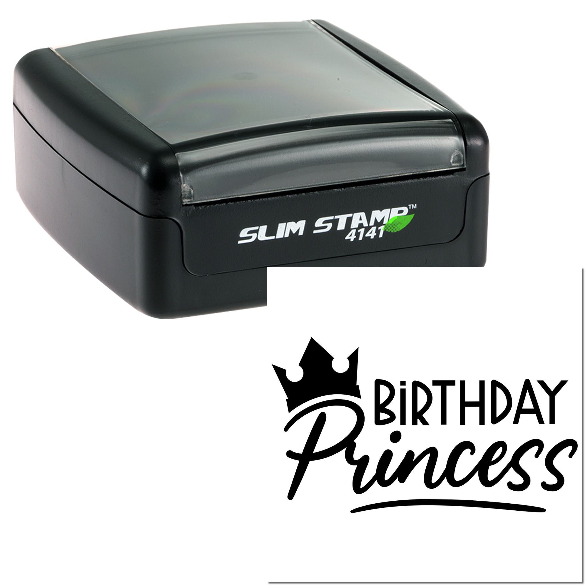 Slim Stamp 4141 self-inking rubber stamp with Birthday Princess text and crown design for custom birthday party crafts.