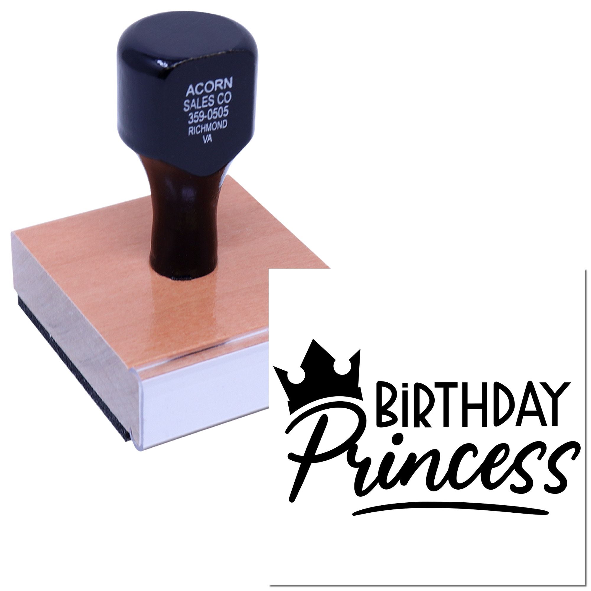 Custom Birthday Princess rubber stamp for party favors, cards, and craft projects.