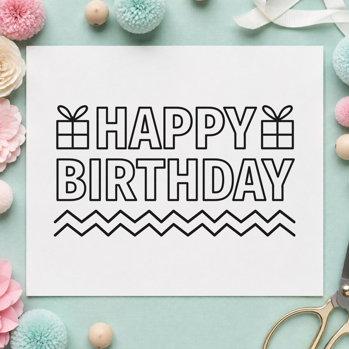 Outlined Birthday Gifts Zigzags craft stamp in black ink on cardstock, an easy option for making party album page.