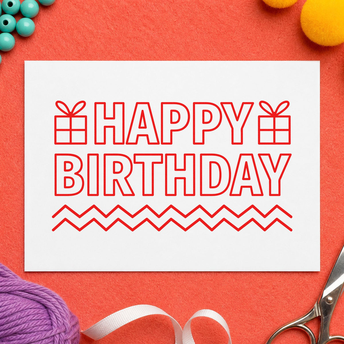 Outlined Birthday Gifts Zigzags craft stamp imprint in red ink on a handmade project, one idea being project step cards.