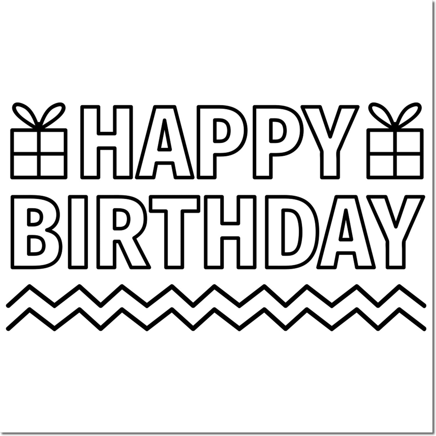 Happy Birthday rubber stamp design with gift icons and zigzag accents for birthday cards, party favors, and crafts