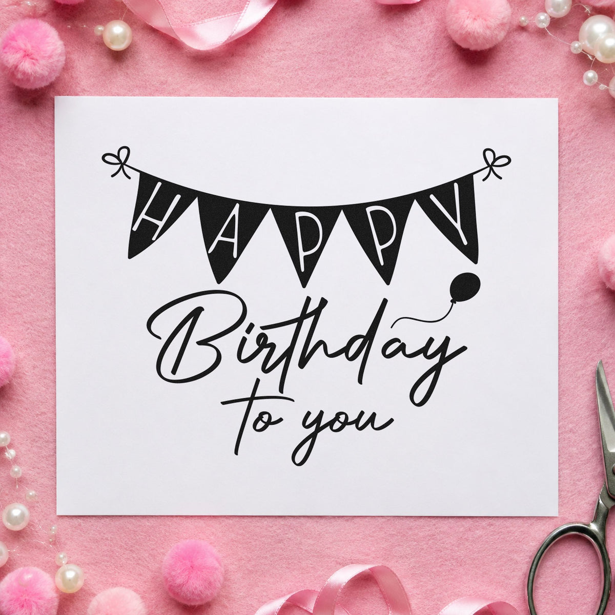 Birthday To You Bunting craft stamp in black ink on cardstock, an easy option for nursery year album page.