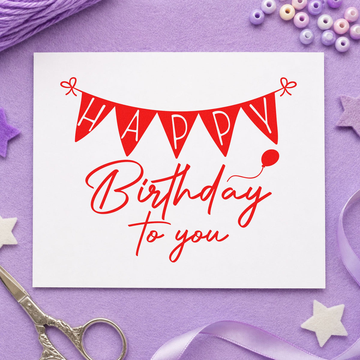 Birthday To You Bunting rubber stamp shown in red ink, stamped for projects such as bin party labels.