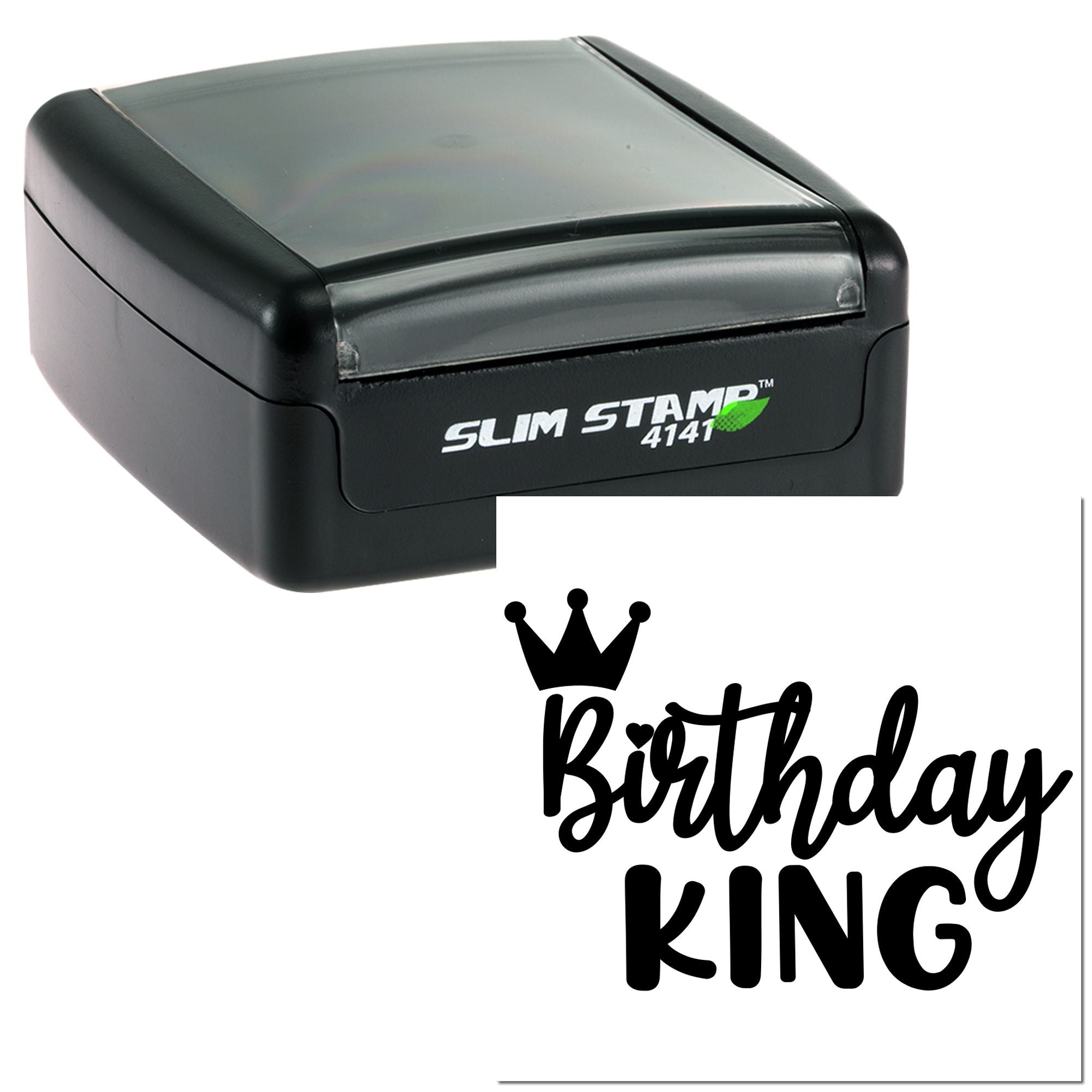 Custom self-inking birthday king rubber stamp with crown design for personalized celebration cards and gifts.