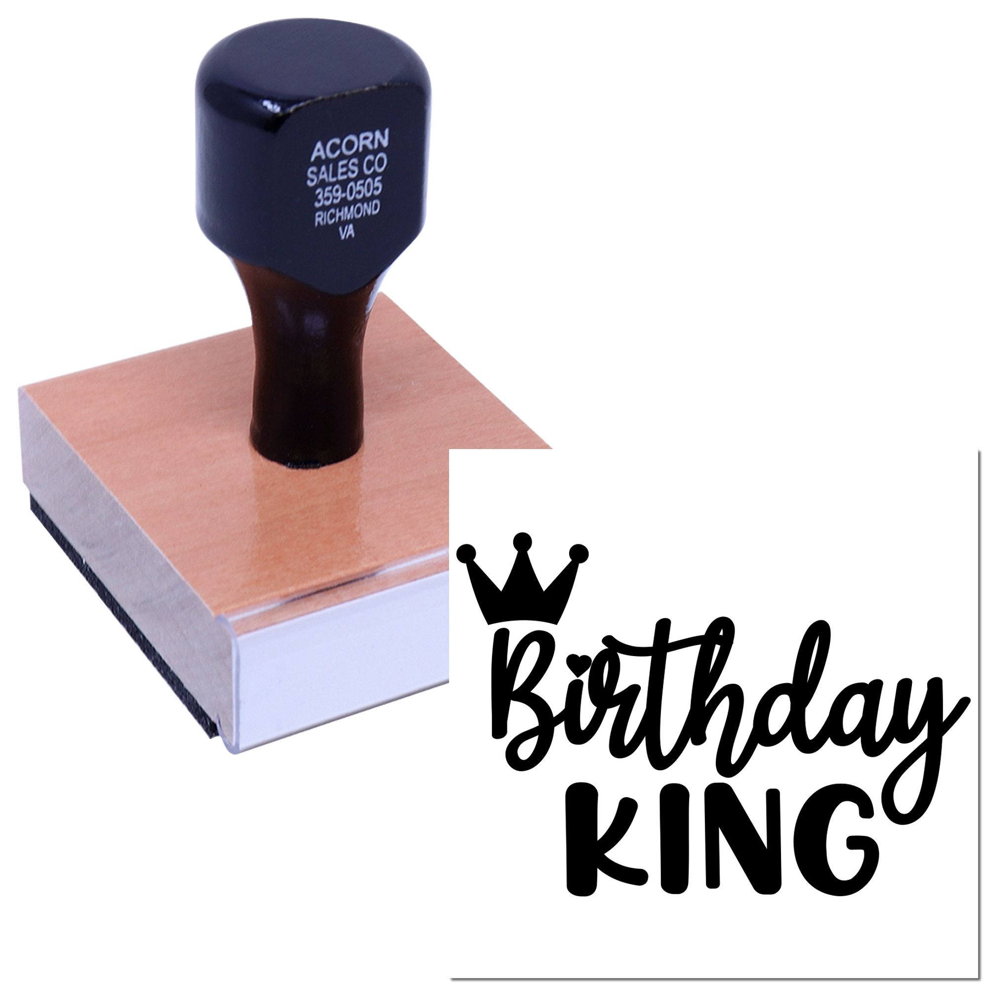 Custom Birthday King rubber stamp with crown for party invitations, favors, and celebration branding.