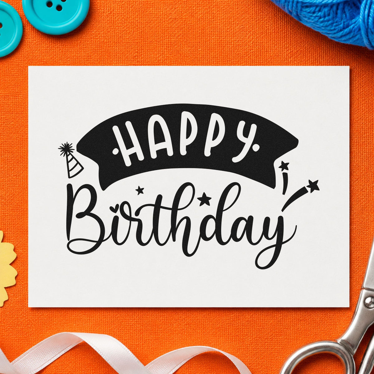 Happy Birthday Curved Banner craft stamp in black ink on cardstock, an easy option for sibling album page.