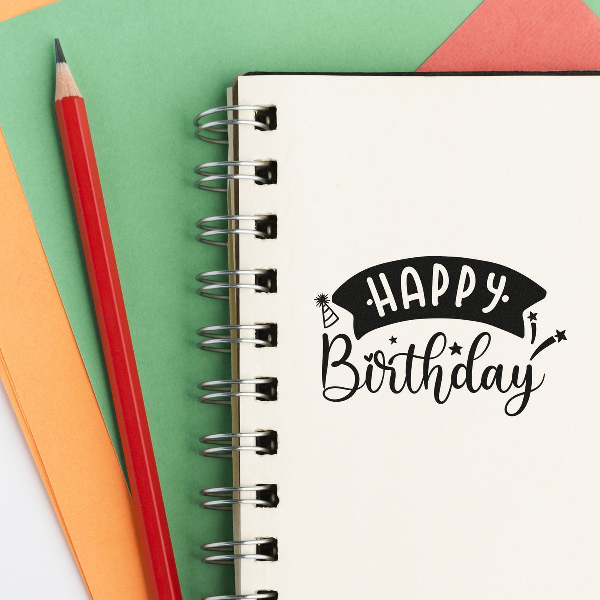 Happy Birthday Curved Banner Stamp - Premium Vintage Pro Wooden imprint stamped in black ink. HAPPY appears inside a curved dark banner above Birthday with tiny party accents.