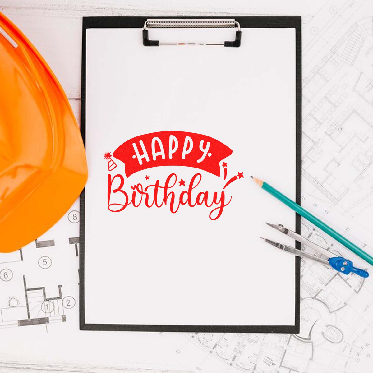 Happy Birthday Curved Banner rubber stamp shown in red ink, stamped for projects such as sibling album page.