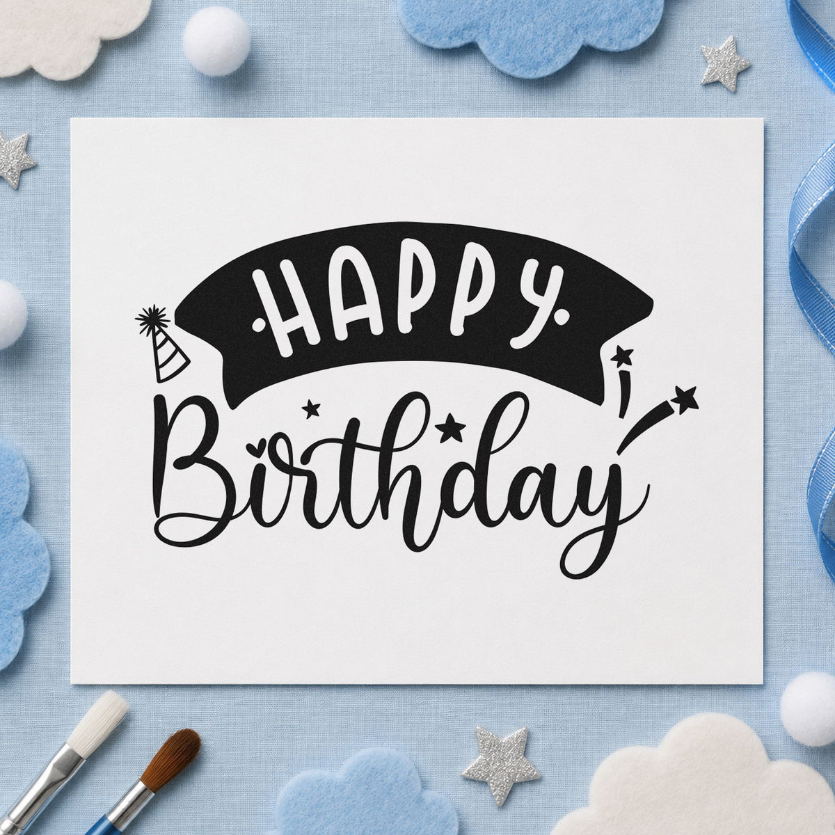 Happy Birthday Curved Banner craft stamp imprint in black ink on a handmade project, one idea being parcel gift tags.