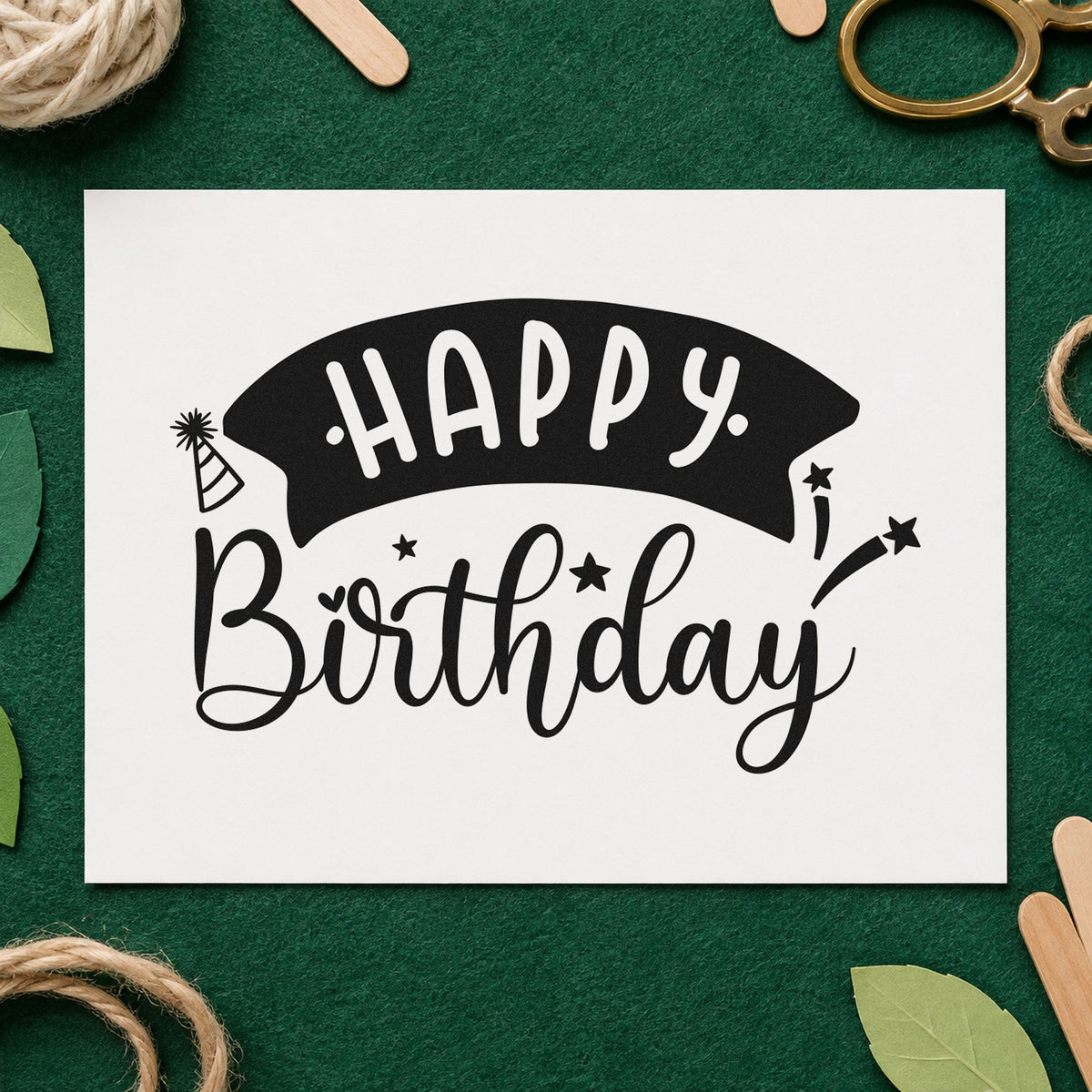 Happy Birthday Curved Banner rubber stamp printed in black ink, ready for mailing plan sheet and similar paper crafts.