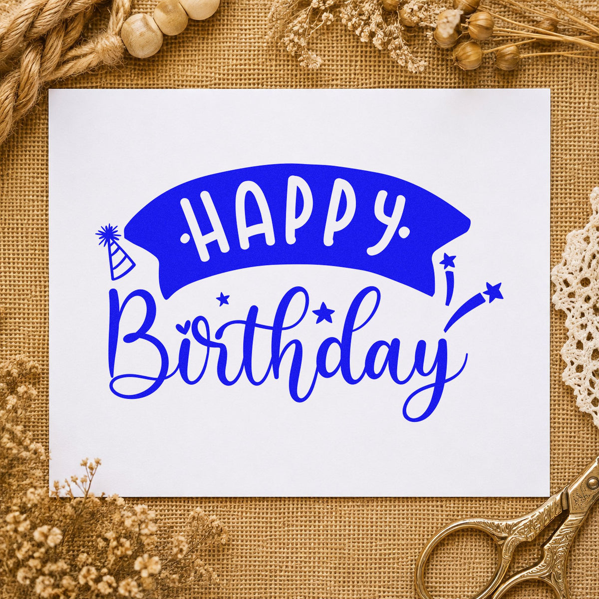 Happy Birthday Curved Banner craft stamp in blue ink on cardstock, an easy option for wrap cloth printing.