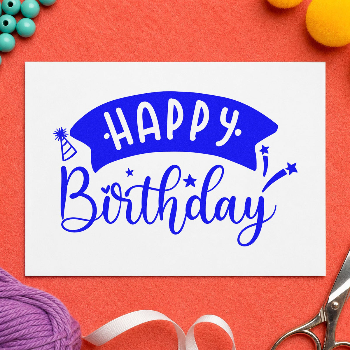 Happy Birthday Curved Banner craft stamp imprinted in blue ink on paper, a design suited to framed packing corner.