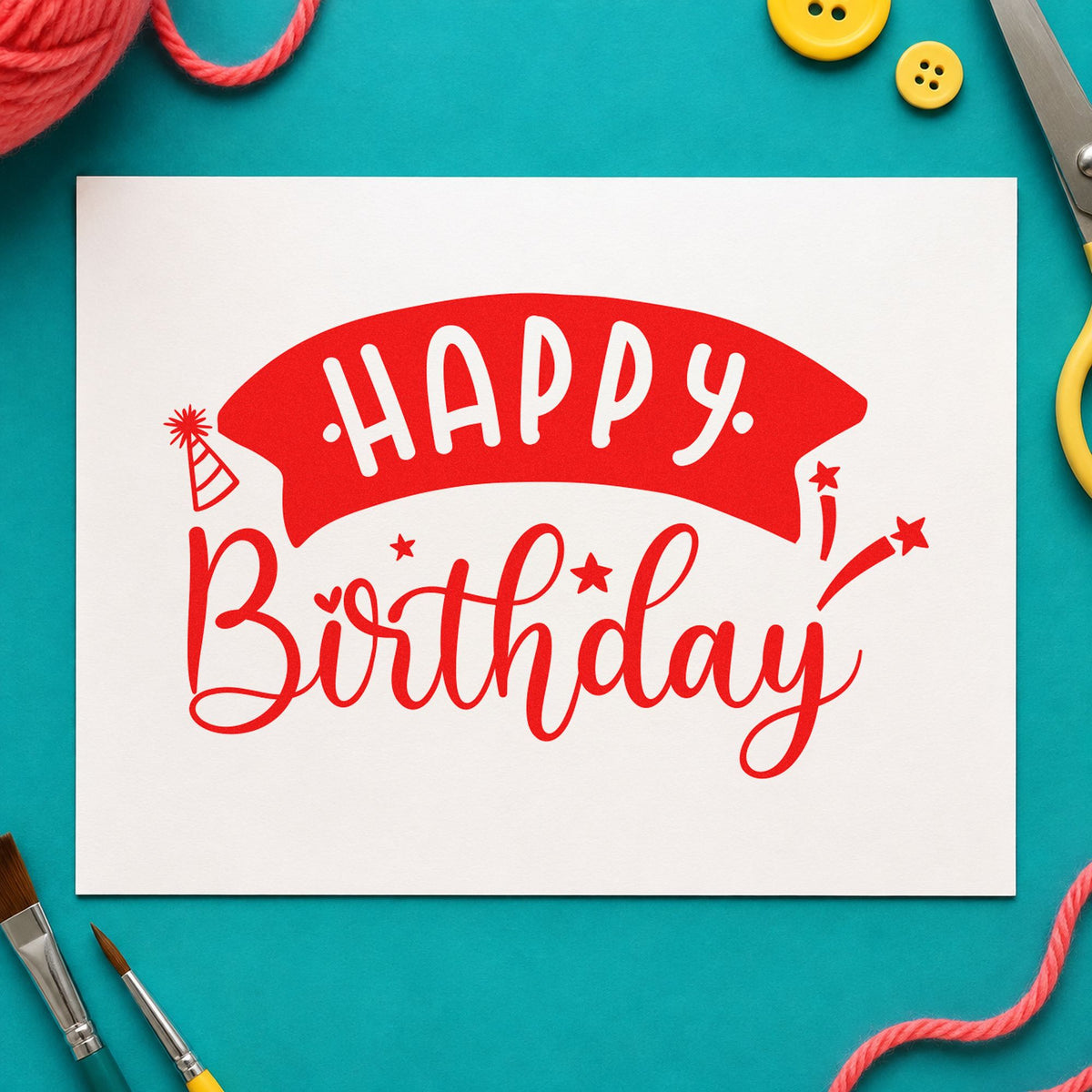 Happy Birthday Curved Banner rubber stamp shown in red ink, stamped for projects such as bin treat labels.