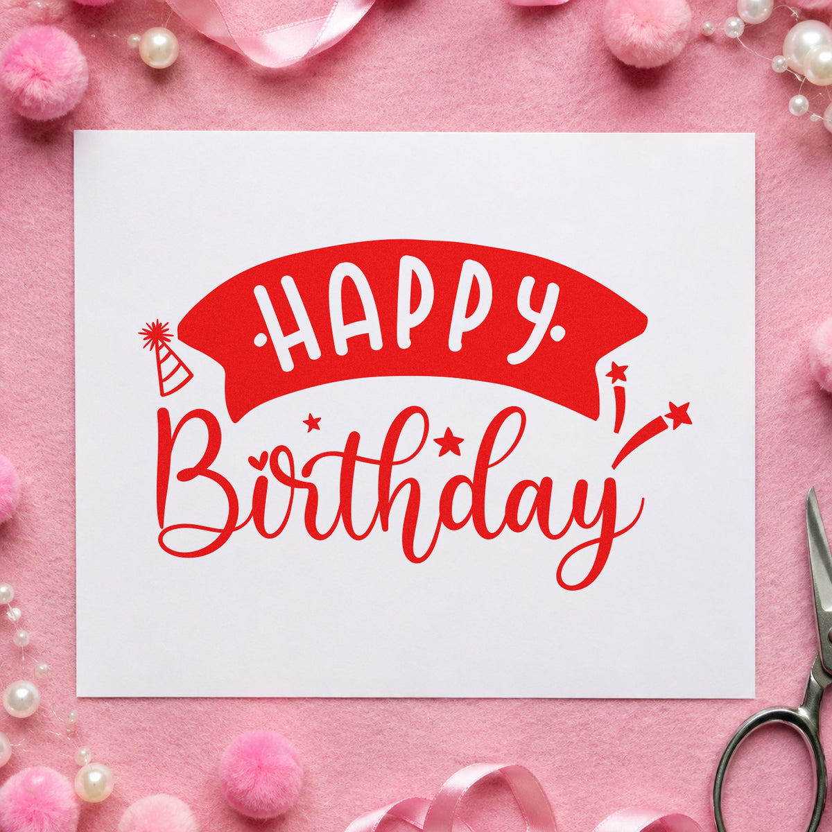 Happy Birthday Curved Banner craft stamp imprint in red ink on a handmade project, one idea being note slip cards.