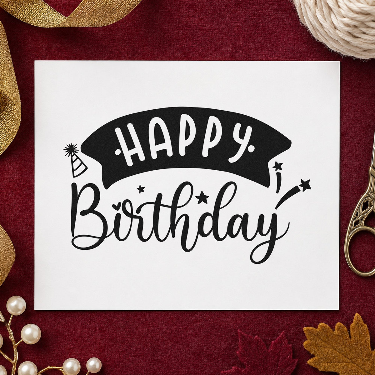 Happy Birthday Curved Banner rubber stamp printed in black ink, ready for curved banner cards and similar paper crafts.
