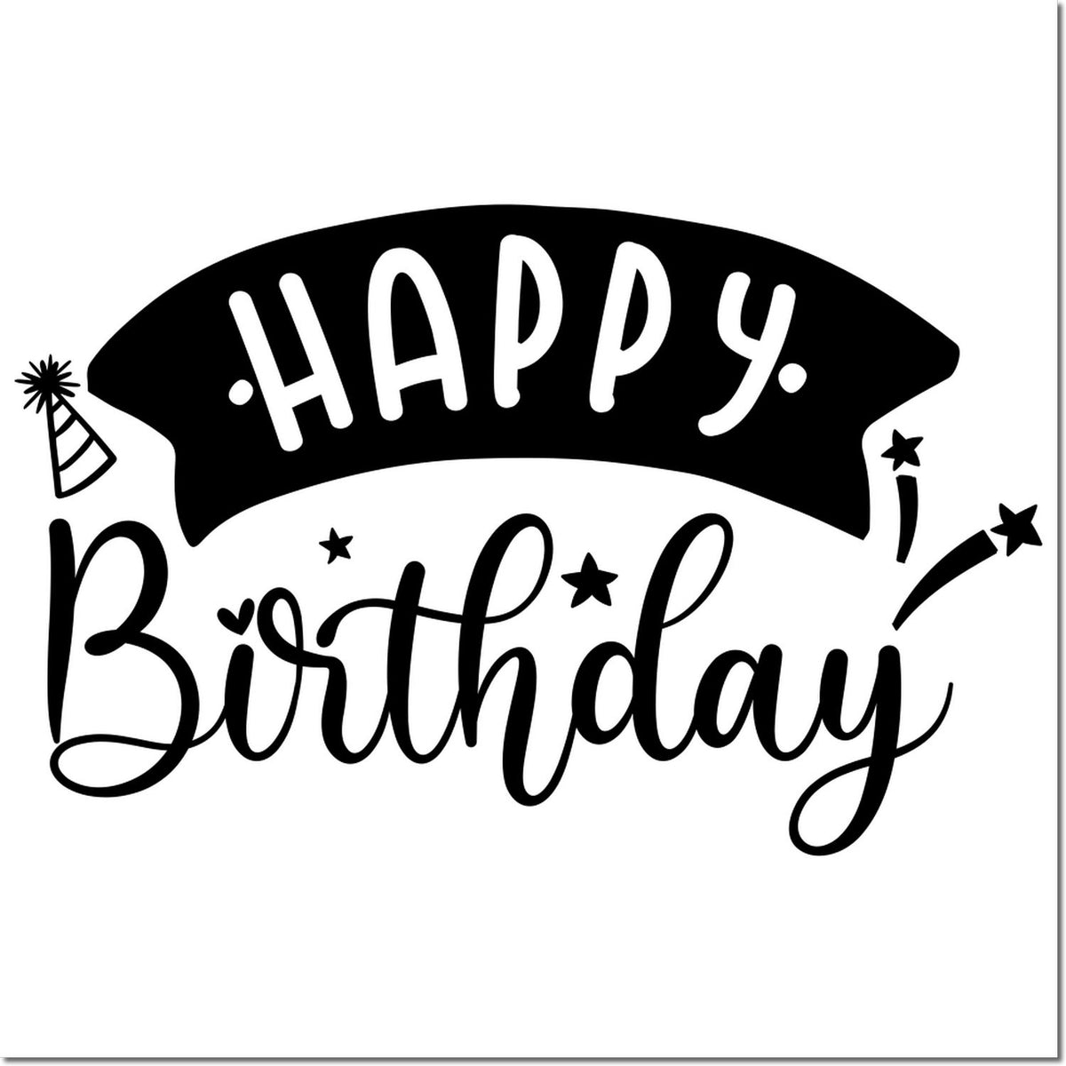 Happy Birthday rubber stamp design with party hat, stars, and festive script for birthday cards and crafts.