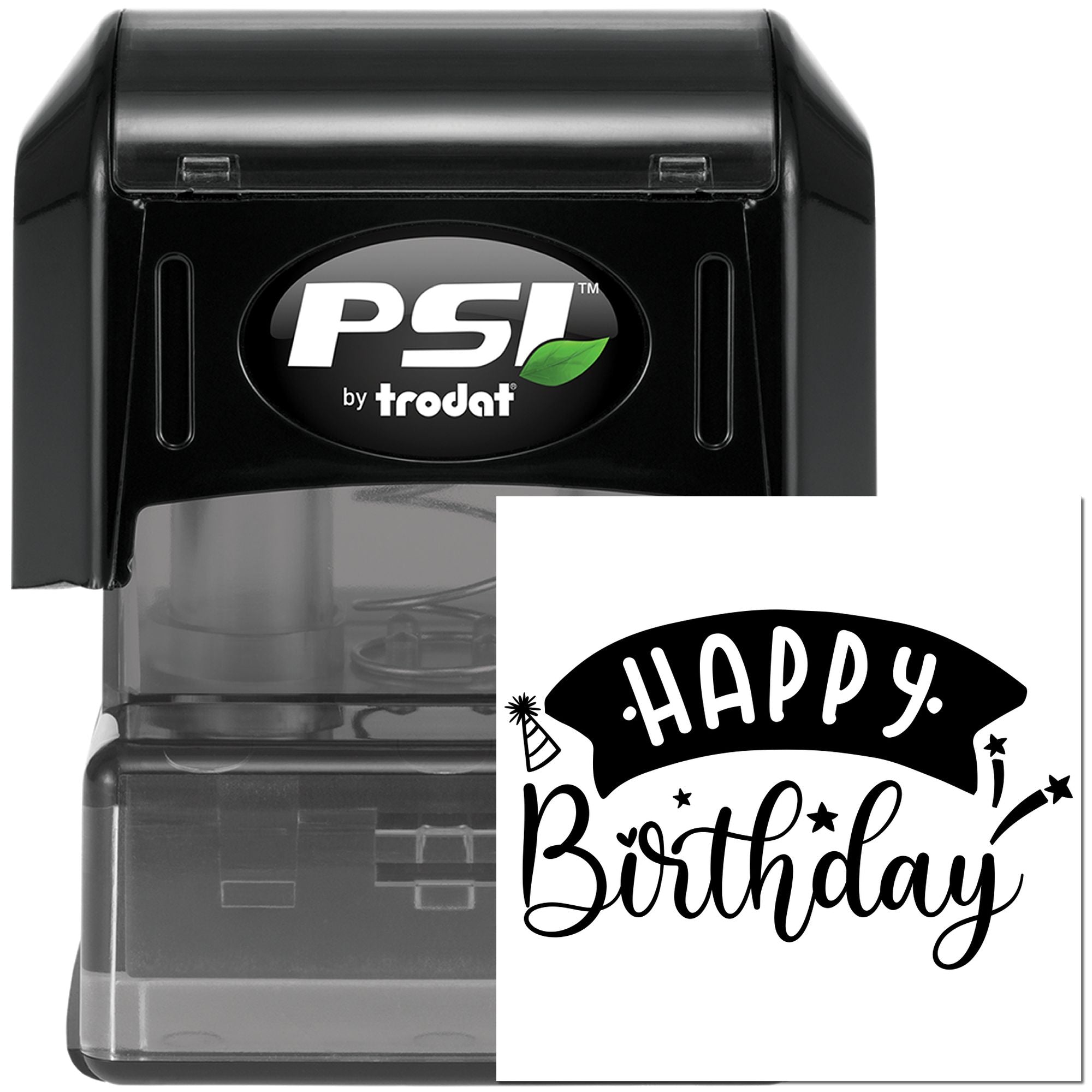PSI by Trodat self-inking rubber stamp with Happy Birthday design for custom greeting cards, party favors, and gift packaging.