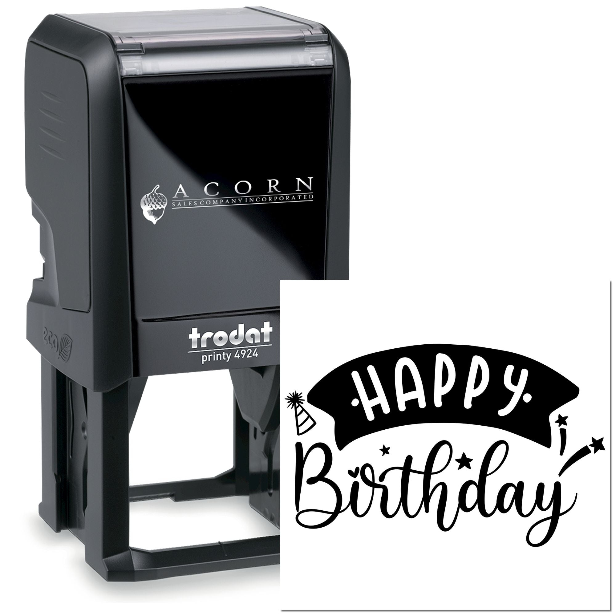 Custom self-inking rubber stamp with Happy Birthday design, ideal for birthday cards, party invitations, and craft projects.