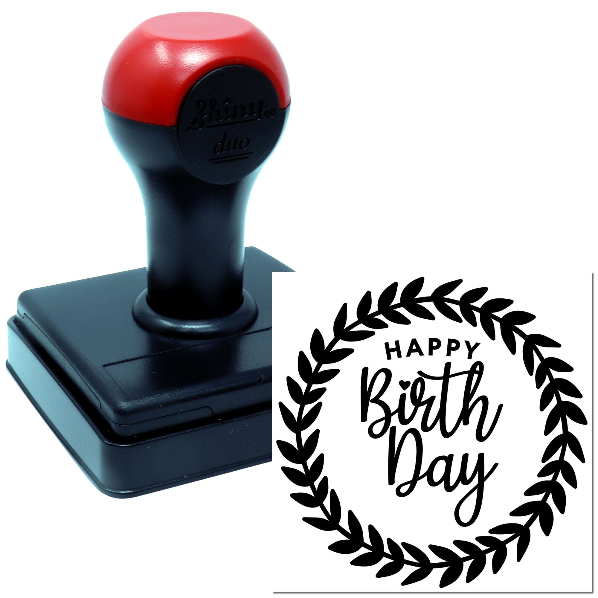 Self-inking rubber stamp with Happy Birth Day wreath design for custom birthday cards, gift tags, and packaging.
