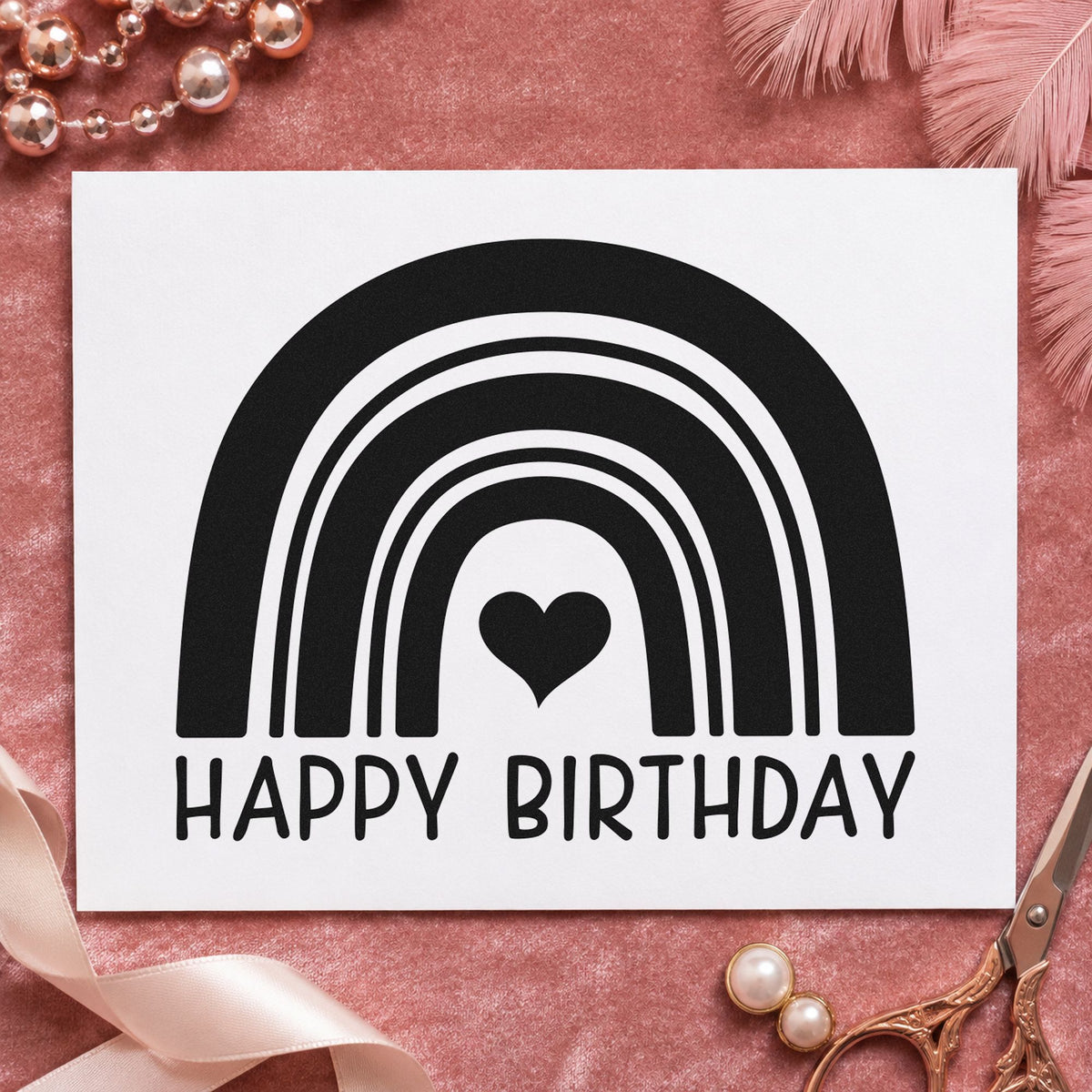 Happy Birthday Heart Rainbow rubber stamp printed in black ink, ready for color plan sheet and similar paper crafts.
